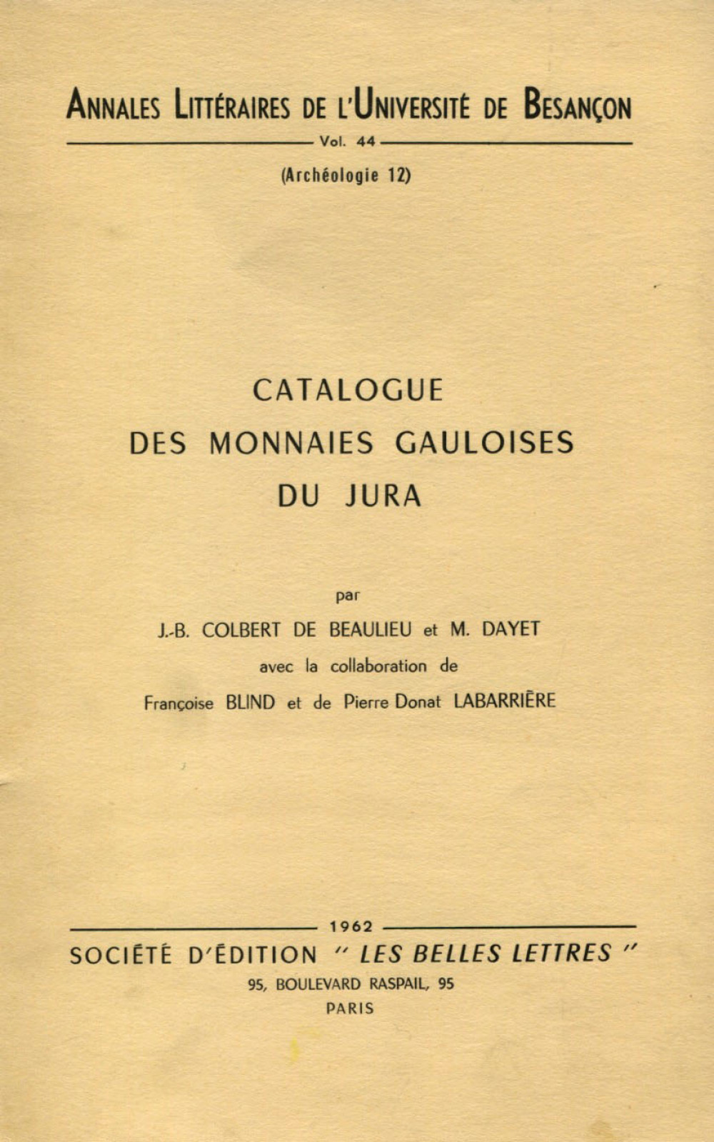 Catalogue des monnaies gauloises du Jura